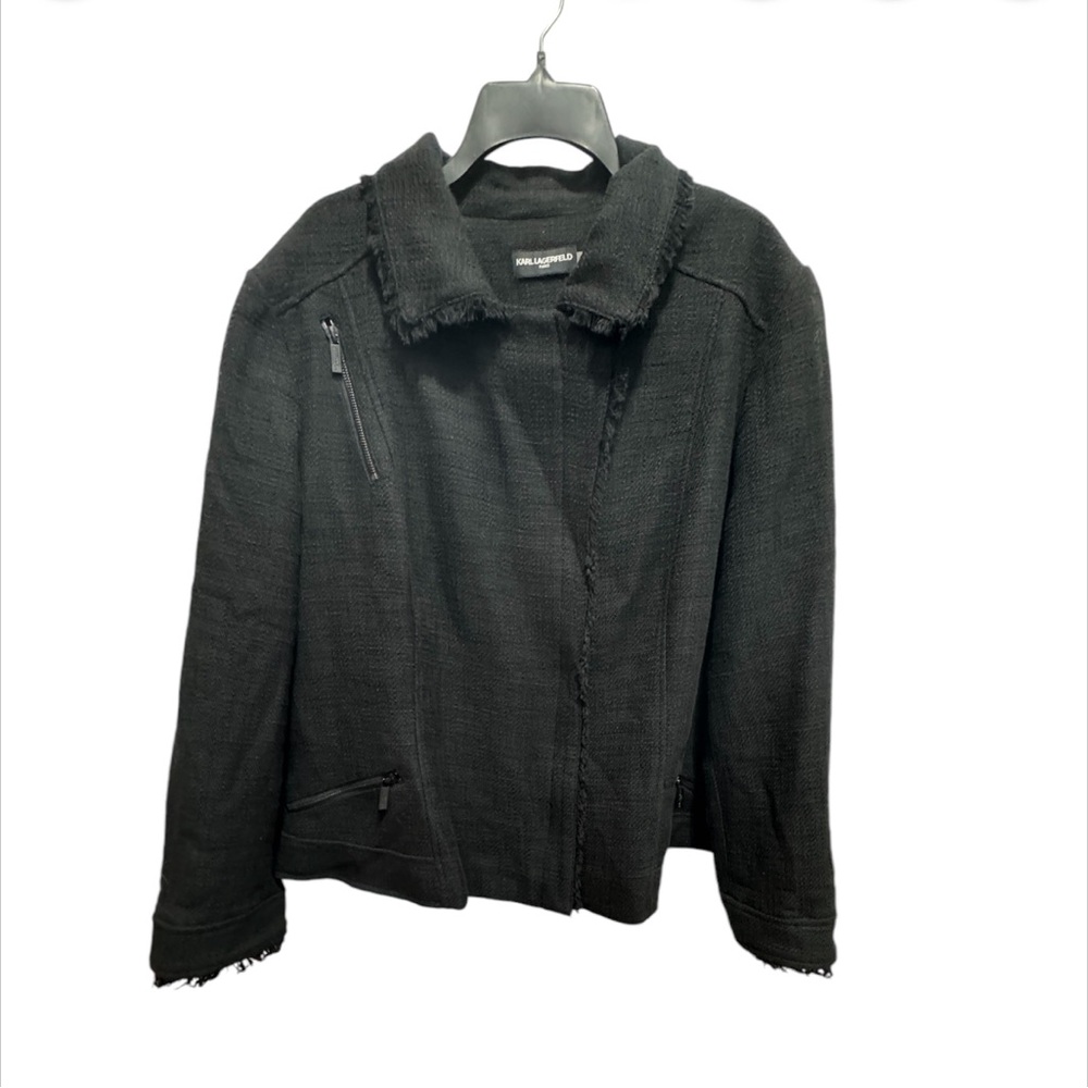 Karl Lagerfeld Paris XXL black asymmetric zip moto style blazer with raw edge